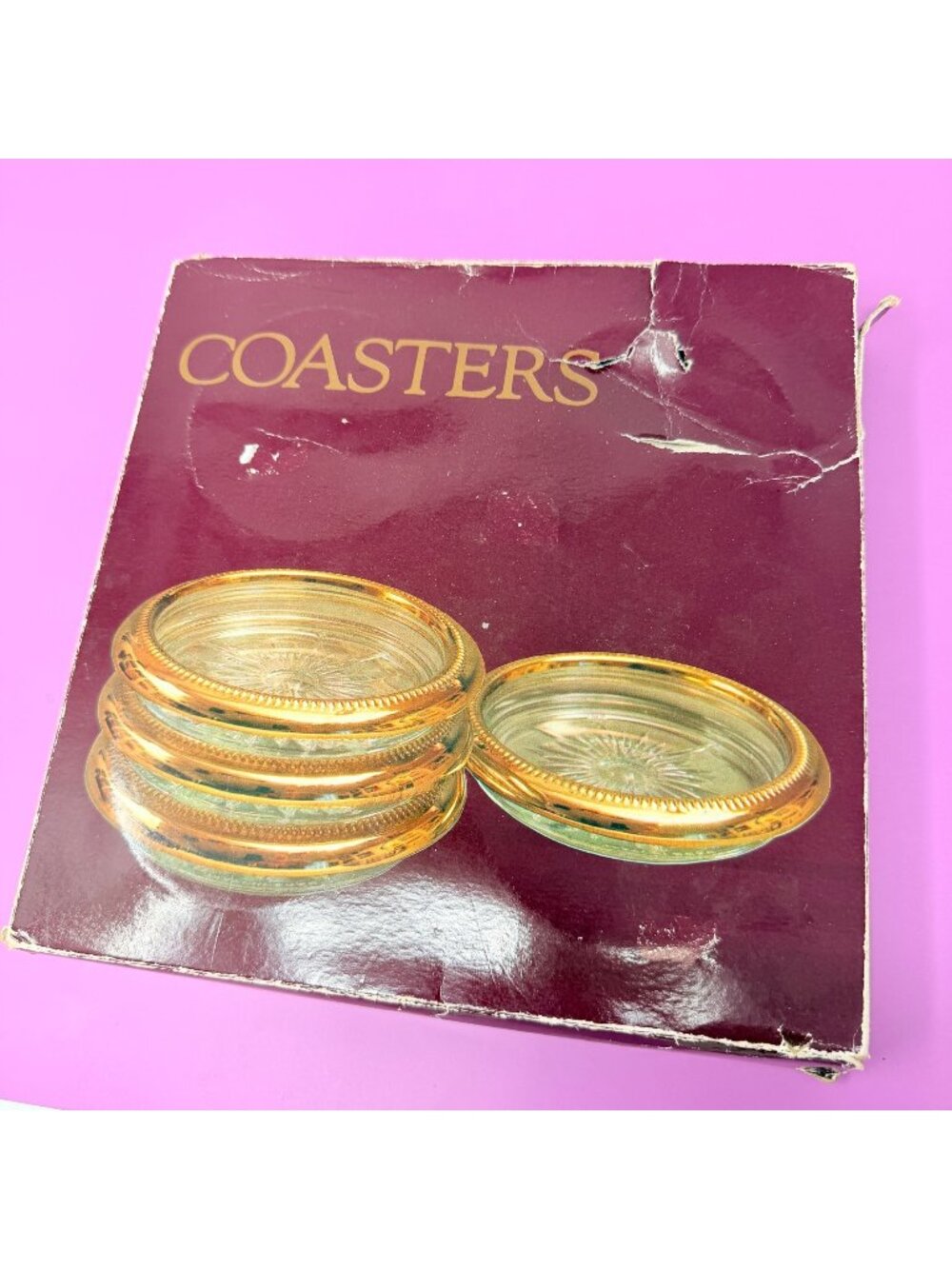 Set of 4 Vintage Towle Brass Plated Crystal Sunburst Coasters Italy